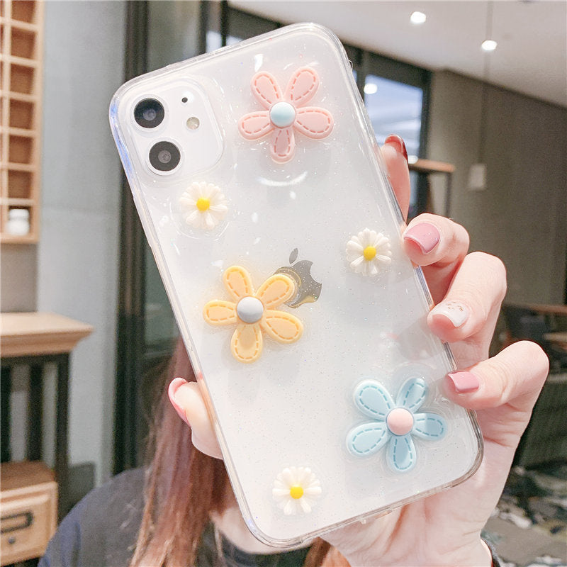 3D Flowers Glitter Phone Case Cover For Apple iPhone 11 Pro X XS Max XR Soft TPU Back Cover for iPhone 7 8 Plus Cute Lovely Clear Case