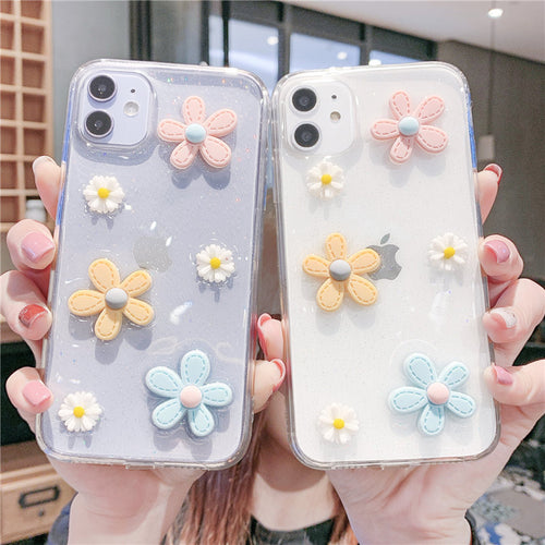 3D Flowers Glitter Phone Case Cover For Apple iPhone 11 Pro X XS Max XR Soft TPU Back Cover for iPhone 7 8 Plus Cute Lovely Clear Case