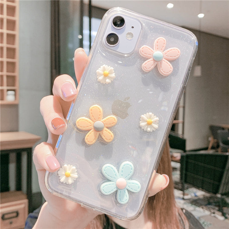 3D Flowers Glitter Phone Case Cover For Apple iPhone 11 Pro X XS Max XR Soft TPU Back Cover for iPhone 7 8 Plus Cute Lovely Clear Case
