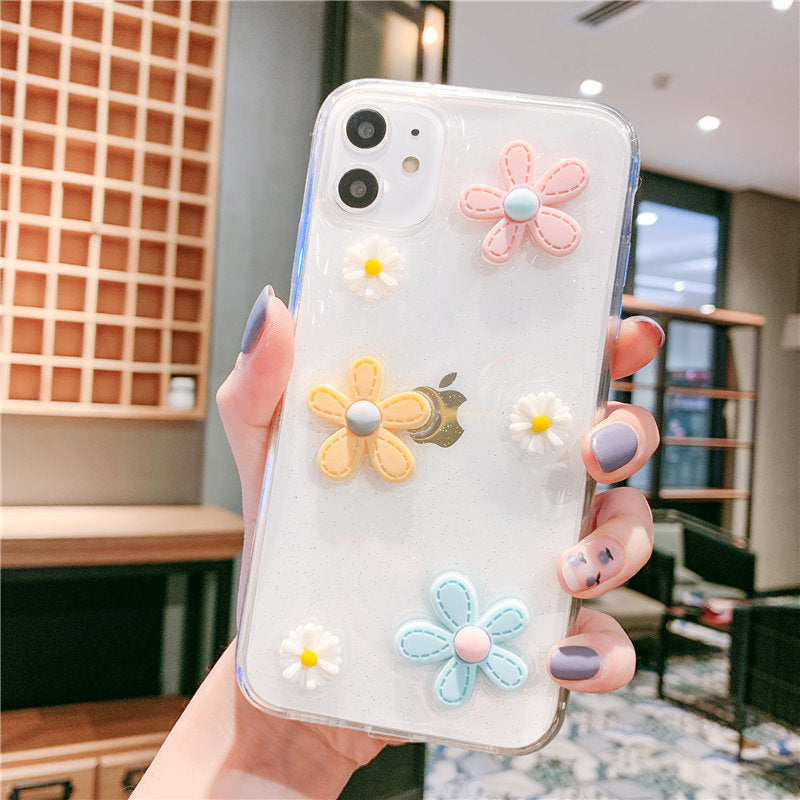 3D Flowers Glitter Phone Case Cover For Apple iPhone 11 Pro X XS Max XR Soft TPU Back Cover for iPhone 7 8 Plus Cute Lovely Clear Case