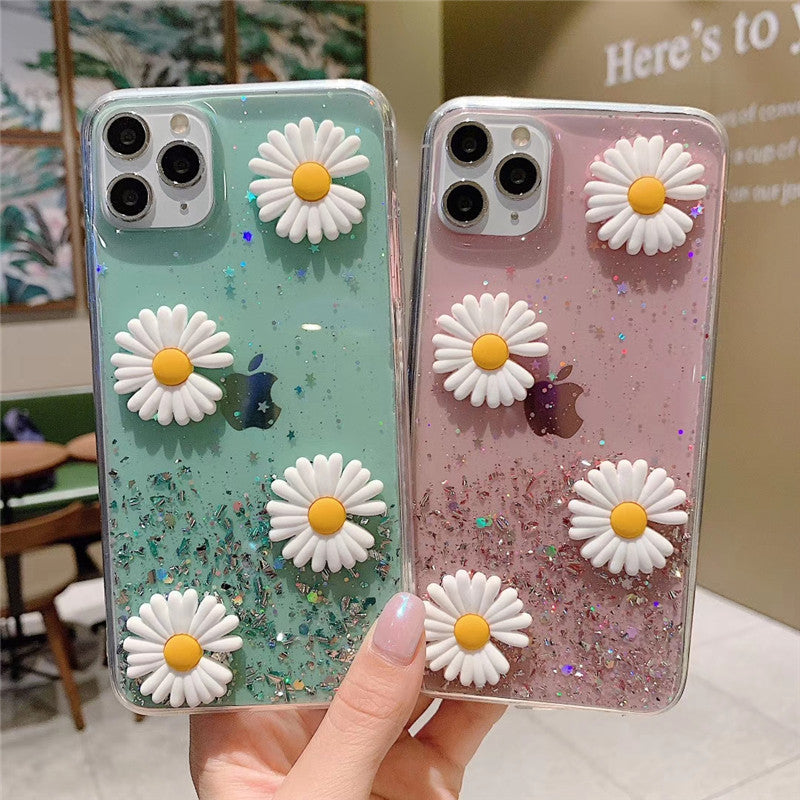 3D Flowers Glitter Phone Case Cover For Apple iPhone 11 Pro X XS Max XR Soft TPU Back Cover for iPhone 7 8 Plus Cute Lovely Clear Case